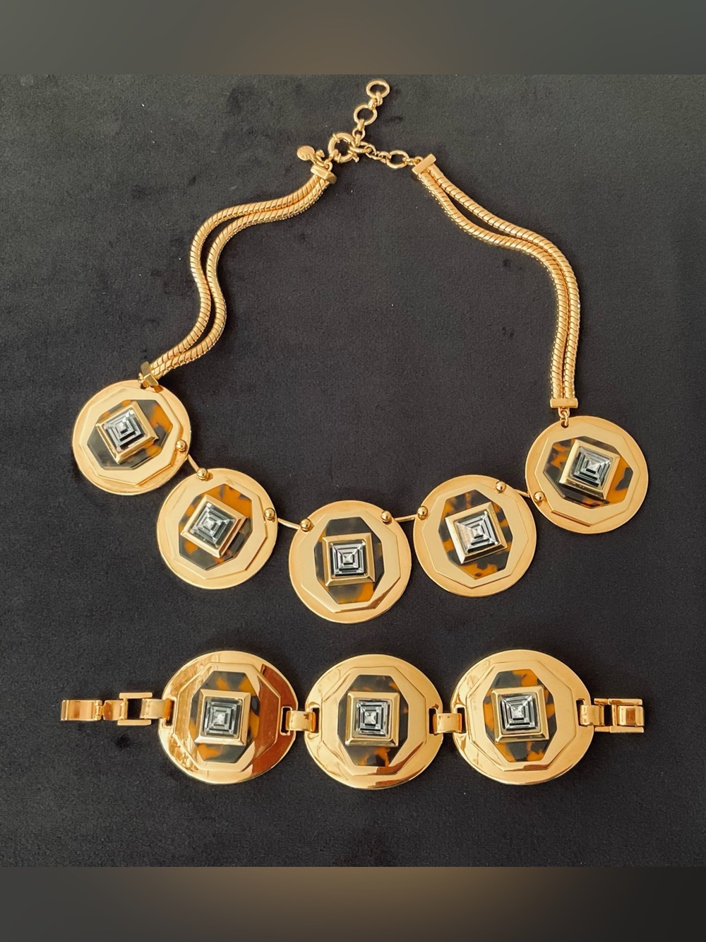 #275 J Crew Statement Crystal Pyramid Tortoise Necklace & Bracelet Set